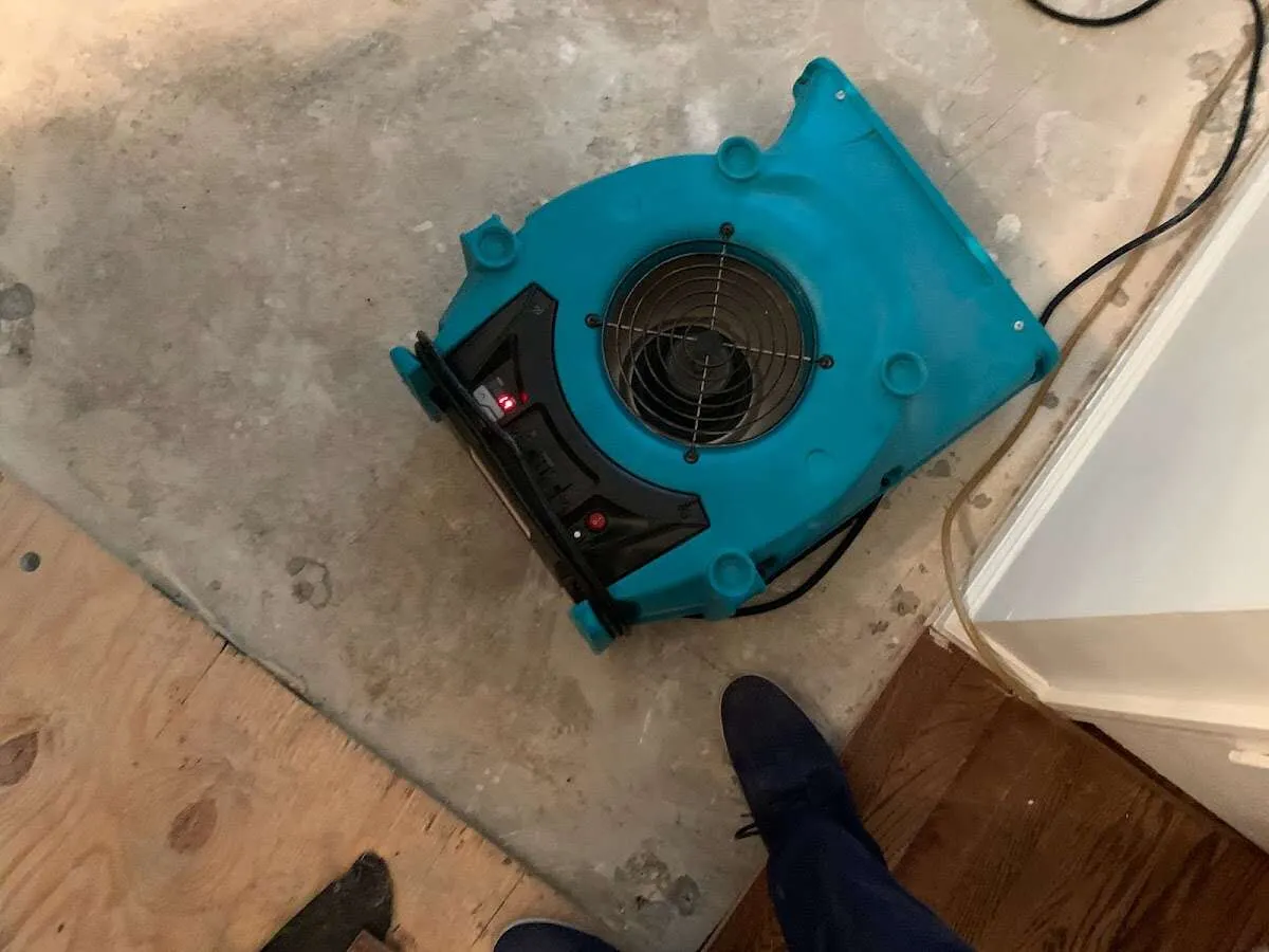 Air mover drying subfloor during Leak Detection & Repair in Monmouth